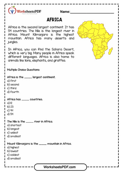 Continents Reading Comprehension Worksheets Pdf