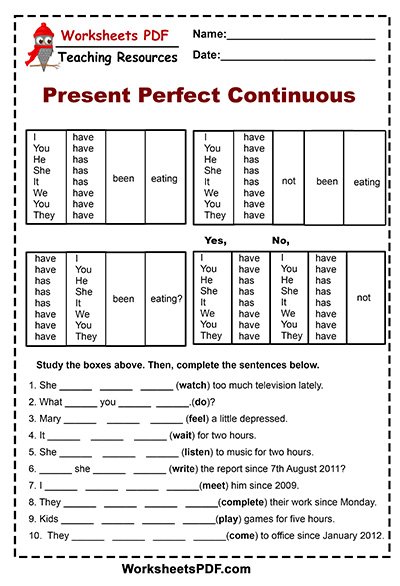 Present Perfect Continuous Grammar Exercises Worksheets Pdf 