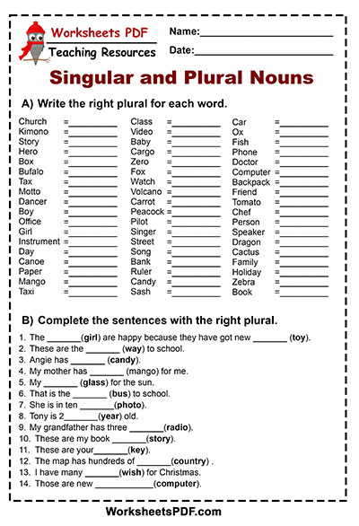 Write The Right Plural For Each Word Worksheets PDF