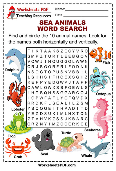 Sea Animals Word Search - Worksheets PDF