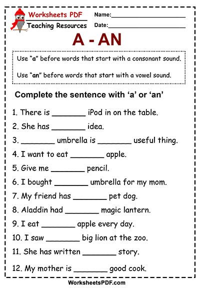 a and an worksheets PDF