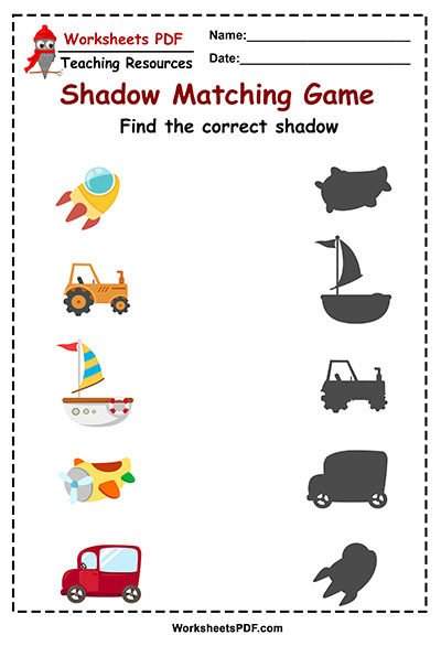 Animal Shadow Matching Game - Worksheets PDF