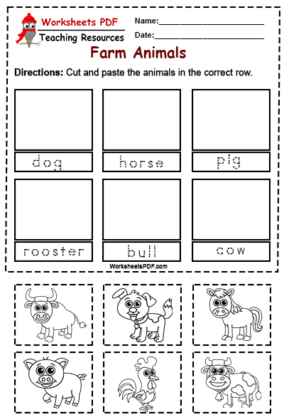 Cut and paste the Animals in the correct row - Worksheets PDF