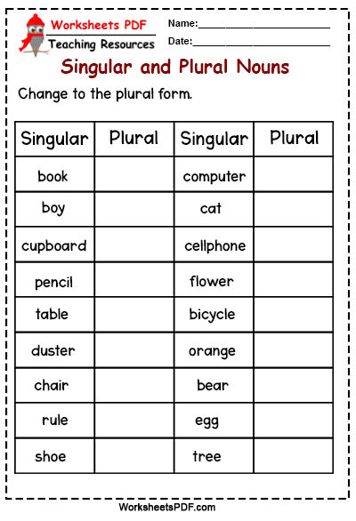 Singular And Plural Nouns Worksheets PDF