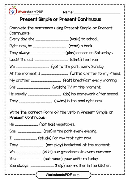 Present Simple and Present Continuous Worksheets PDF