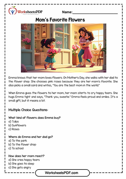 Mother's Day Reading Comprehension 4 mothers day reading comprehension 0004 Moms Favorite Flowers