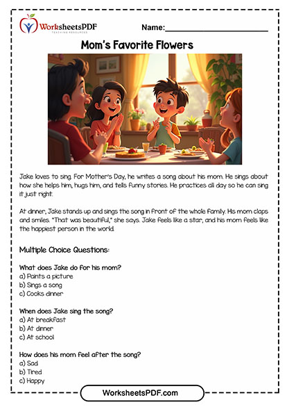 Mother's Day Reading Comprehension 5 mothers day reading comprehension 0005 A Song for Mom