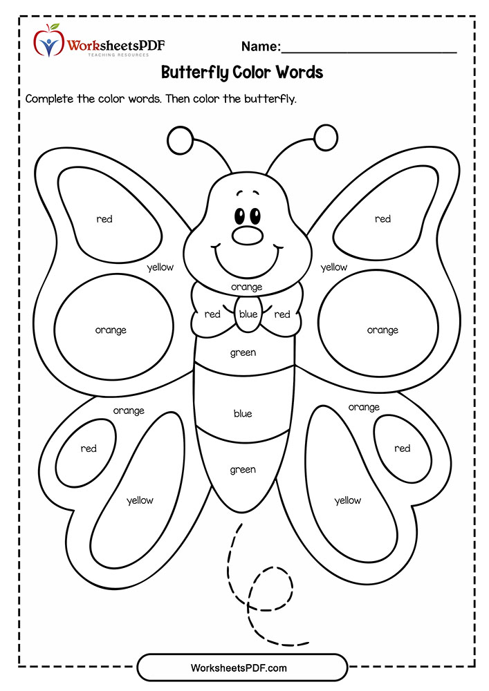 FREE Butterfly Color Words Worksheets