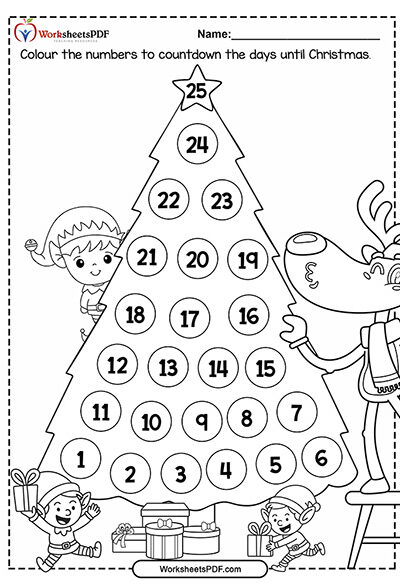 Colour the numbers to countdown the days until Christmas