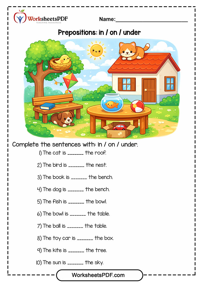 printables Complete the sentences with in on under