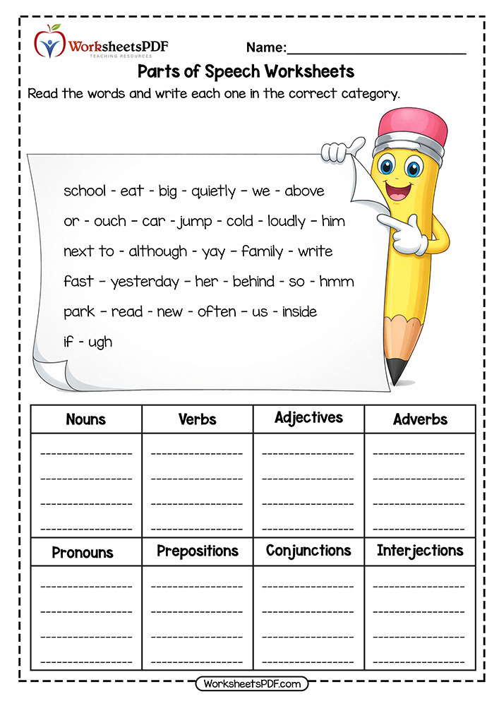 Free Printables Parts of Speech Worksheets
